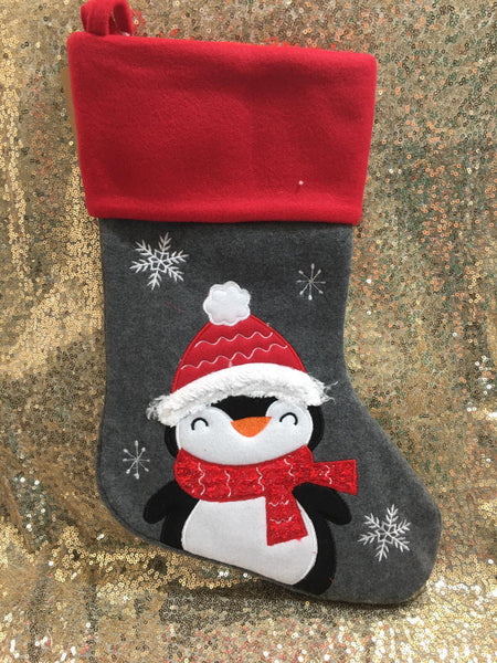 Grey & Red Penguin Stocking