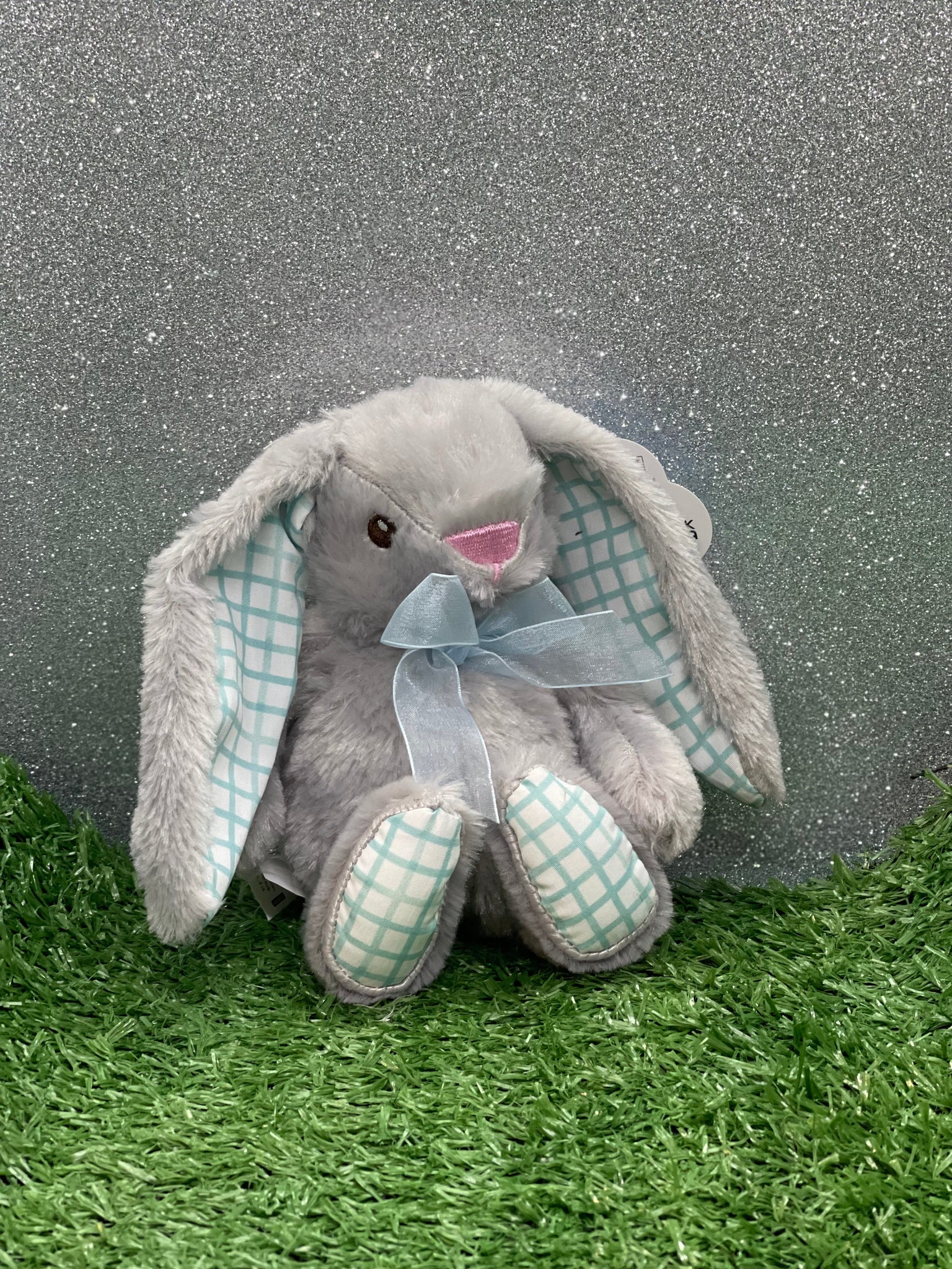 Small Grey Bunny Teddy With Blue Checked Patterned Ears