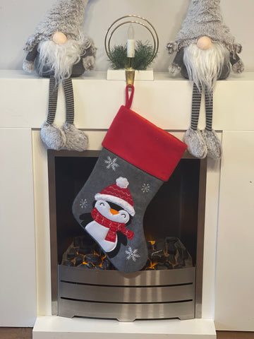 Grey & Red Penguin Stocking