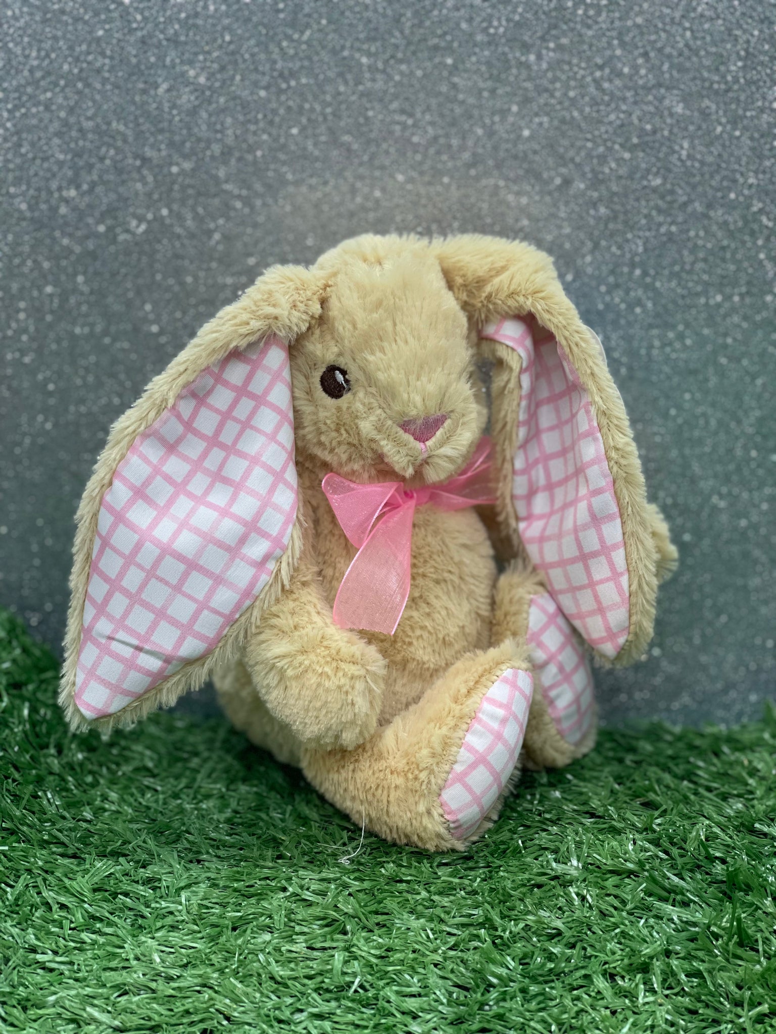 Small Brown Bunny Teddy With Pink Checked Patterned Ears